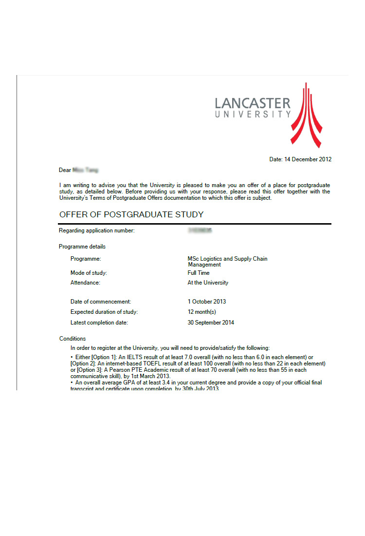 恭喜這位同學被蘭卡斯特大學供應鏈管理專業錄取-優越教育
