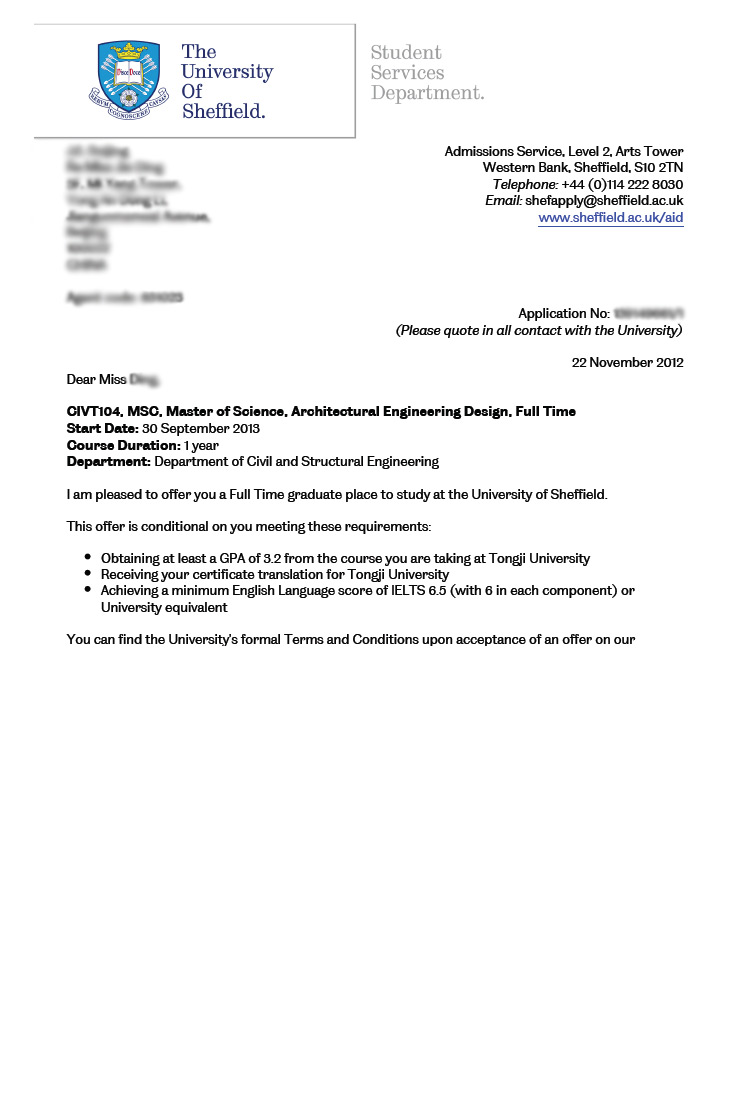 恭喜這位同學被謝菲爾德大學建筑工程設計專業錄取-優越教育