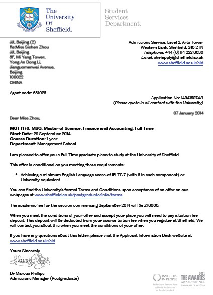 恭喜關同學成功申請到謝菲爾德大學研究生科學，金融與會計專業-優越教育