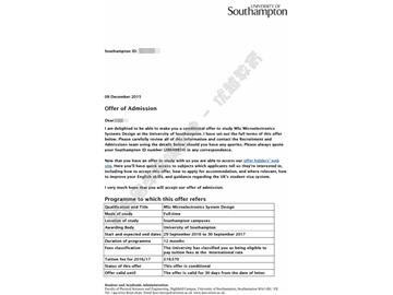 恭喜施同學獲得南安普頓大學微電子系統設計專業碩士通知書