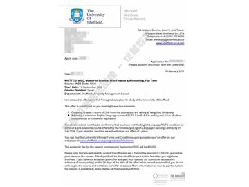 恭喜吳同學獲得謝菲爾德大學金融與會計專業碩士通知書