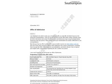 恭喜孟同學獲得南安普頓大學高等機械工程專業碩士通知書