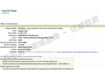 恭喜馬同學獲得帝國理工學院結構分子生物學專業碩士通知書。
