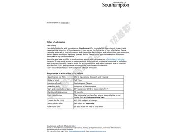 恭喜齊同學獲得南安普頓大學運籌學與金融專業碩士通知書