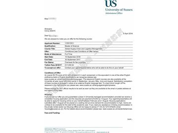 恭喜丁同學獲得薩塞克斯大學全球供應鏈與物流管理專業碩士通知書