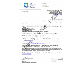 恭喜鄭同學獲得謝菲爾德大學電子電氣工程專業碩士通知書