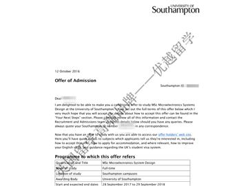 恭喜江同學獲得南安普頓大學微電子系統設計專業碩士通知書