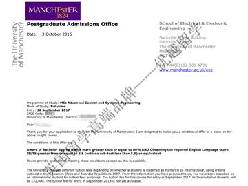 恭喜蘇同學獲得曼徹斯特大學高級控制與系統工程專業碩士通知書