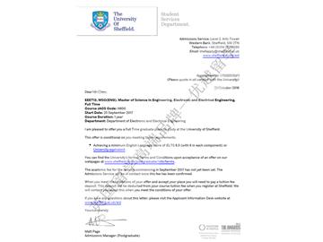 恭喜丁同學獲得謝菲爾德大學電子電氣工程專業碩士通知書