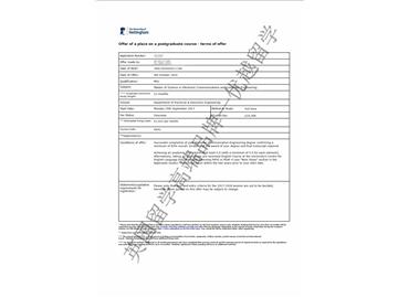 恭喜許同學獲得諾丁漢大學電子通信與計算機工程專業碩士通知書