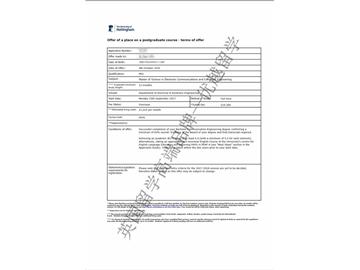 恭喜黃同學獲得諾丁漢大學電子通訊與計算機工程專業碩士通知書