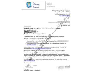 恭喜劉同學獲得謝菲爾德大學高等計算機科學專業碩士通知書