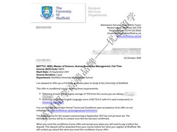 恭喜邢同學獲得謝菲爾德大學人力資源管理專業碩士通知書