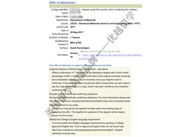 恭喜張同學獲得帝國理工學院高級材料科學與工程專業碩士通知書