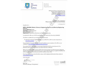 恭喜江同學獲得謝菲爾德大學電子電氣工程專業碩士通知書