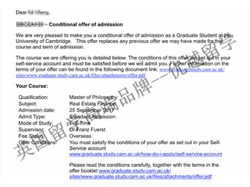 恭喜江同學獲得劍橋大學房地產金融專業碩士通知書