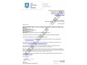 恭喜季同學獲得謝菲爾德大學電子電氣工程專業碩士通知書