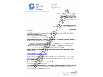 2019offer：恭喜王同學獲得謝菲爾德大學空氣動力學與飛機結構專業碩士通知書