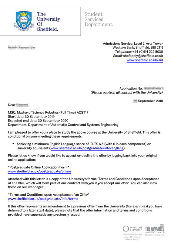 2019offer：恭喜張同學獲得謝菲爾德大學機器人專業碩士通知書