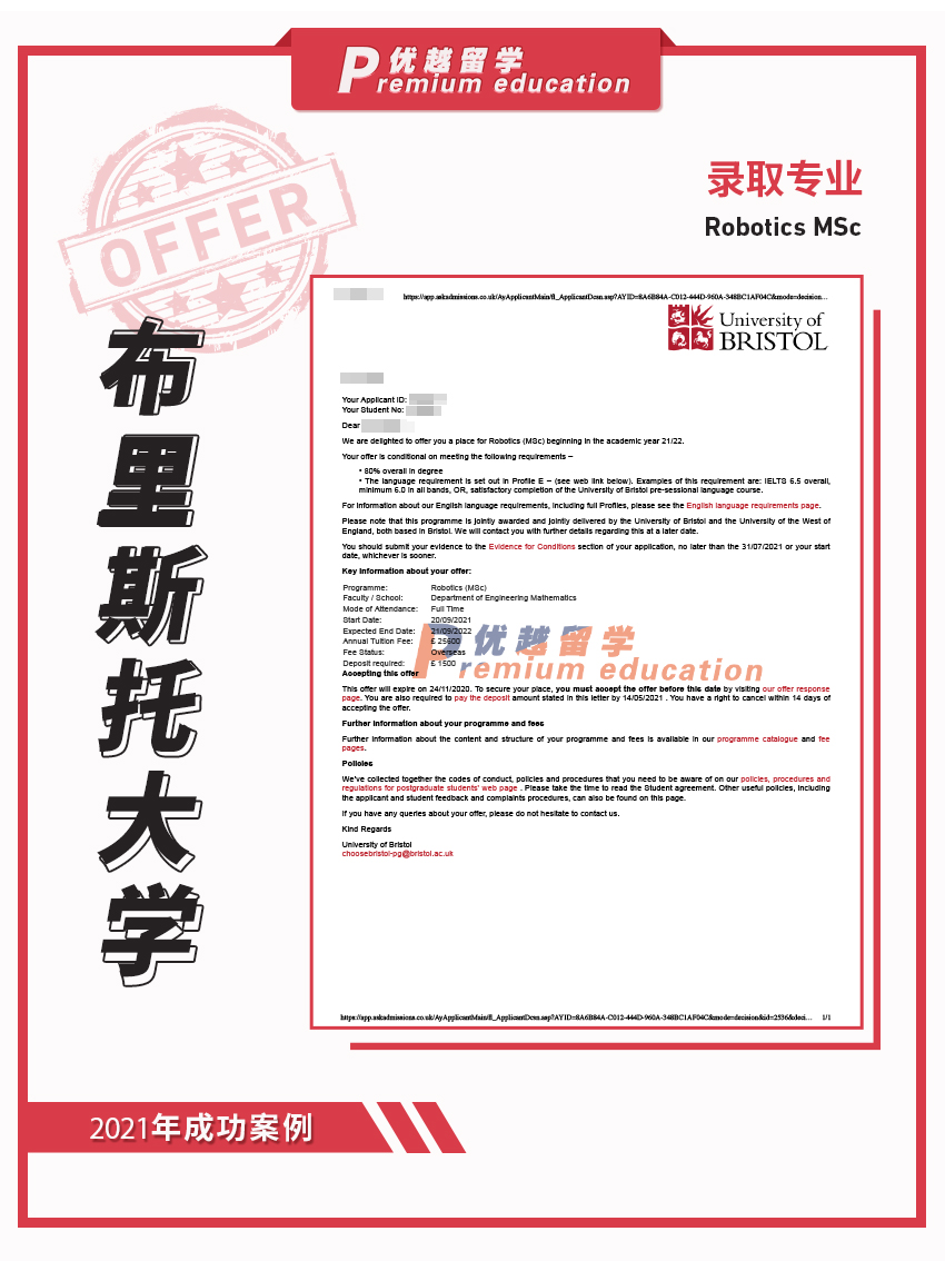 2021offer：恭喜陳同學獲得布里斯托大學機器人學專業(yè)碩士通知書